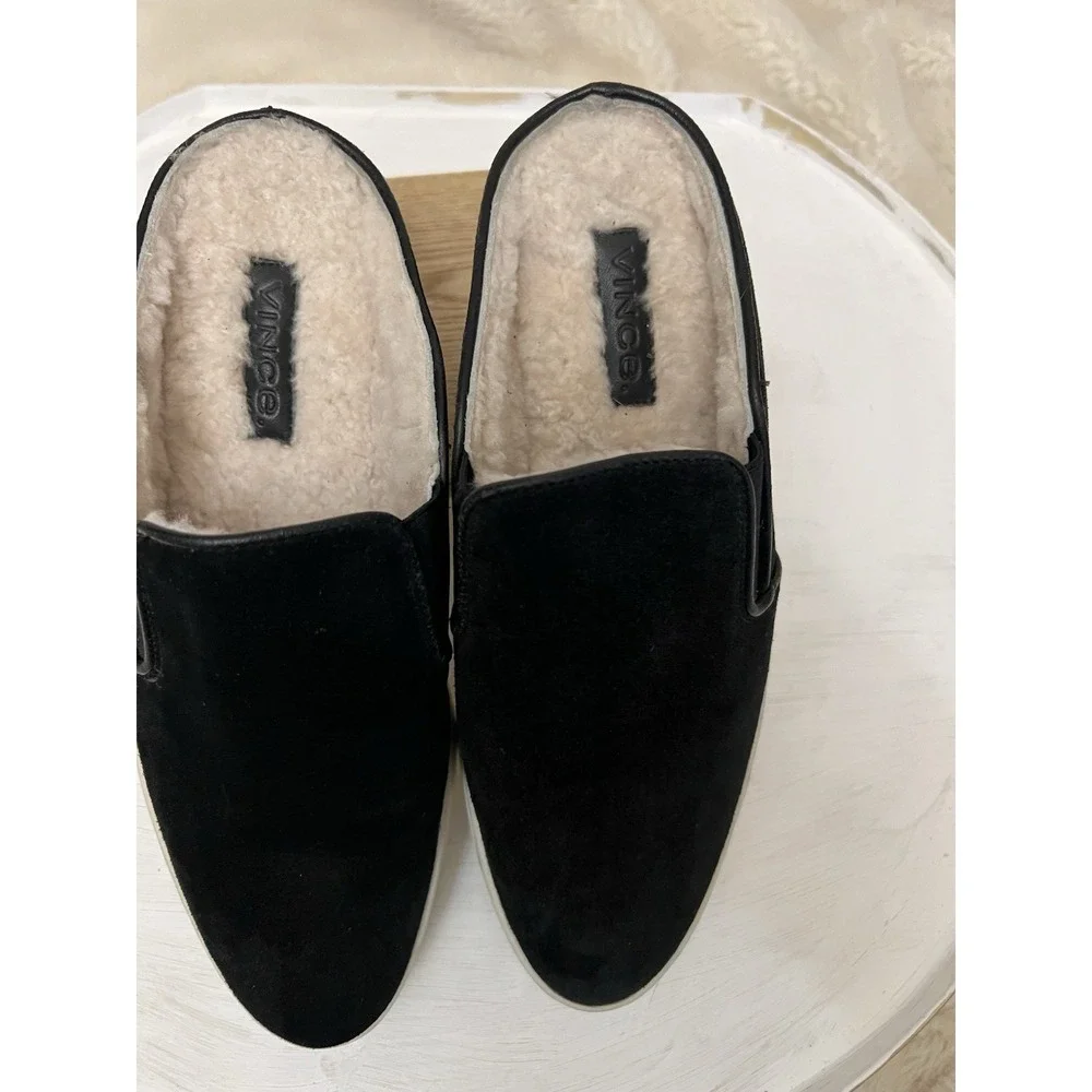 Vince Garvey Suede Shearling Lined Mules Shoes Size 6.5 Women's Black Slip On